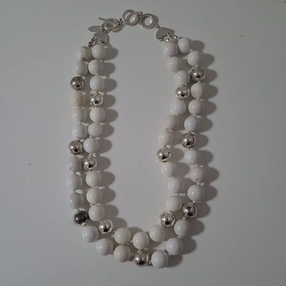 Talbots White Shiny Silver Tone Multi Strand Layered Beaded Statement Necklace